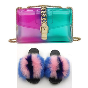 Fur Slides And Transparent Jelly Purses