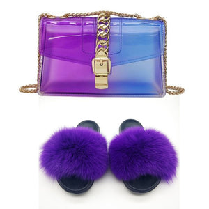 Fur Slides And Transparent Jelly Purses