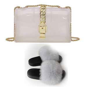 Fur Slides And Transparent Jelly Purses