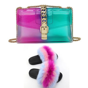 Fur Slides And Transparent Jelly Purses