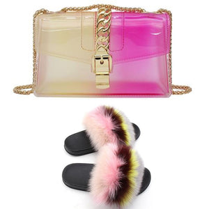 Fur Slides And Transparent Jelly Purses