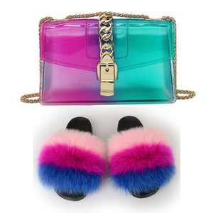 Fur Slides And Transparent Jelly Purses