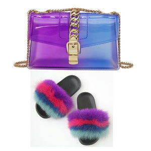 Fur Slides And Transparent Jelly Purses