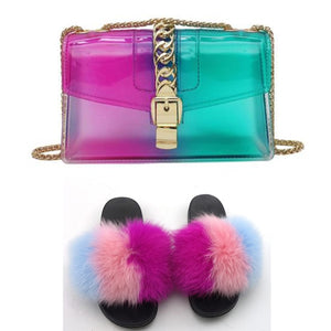 Fur Slides And Transparent Jelly Purses