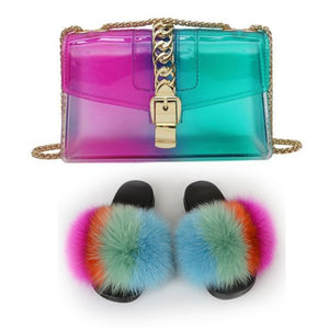 Fur Slides And Transparent Jelly Purses