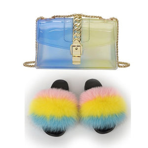 Fur Slides And Transparent Jelly Purses