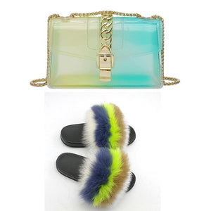 Fur Slides And Transparent Jelly Purses