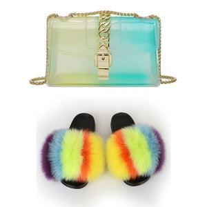 Fur Slides And Transparent Jelly Purses