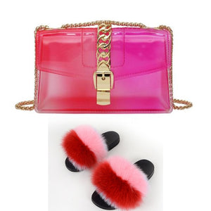 Fur Slides And Transparent Jelly Purses