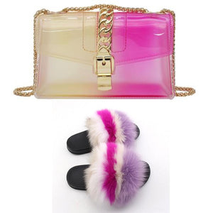 Fur Slides And Transparent Jelly Purses