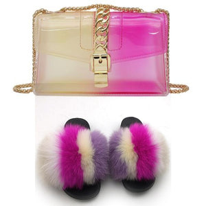 Fur Slides And Transparent Jelly Purses