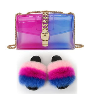 Fur Slides And Transparent Jelly Purses