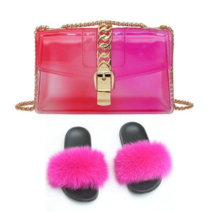 Fur Slides And Transparent Jelly Purses