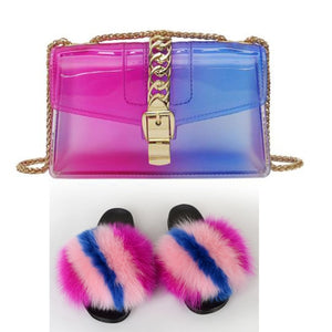 Fur Slides And Transparent Jelly Purses