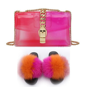 Fur Slides And Transparent Jelly Purses