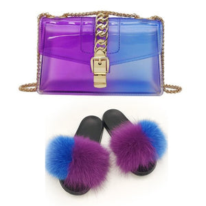 Fur Slides And Transparent Jelly Purses