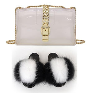 Fur Slides And Transparent Jelly Purses